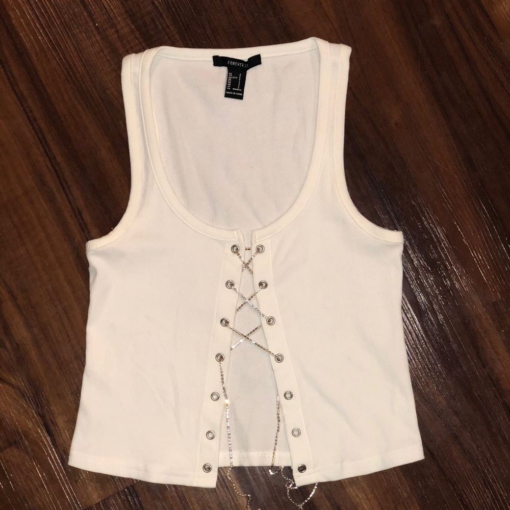 White rhinestone front tie tank top